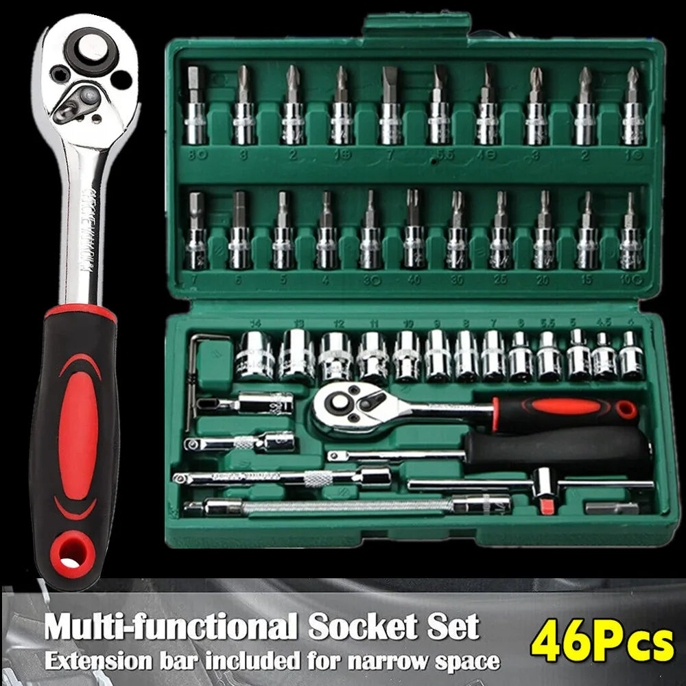 46pc 1/4inch Drive Ratchet Socket Set Wrench Set with Sockets Metric Hex Bit Socket Set Repair Handing Tool Kits for Home Auto