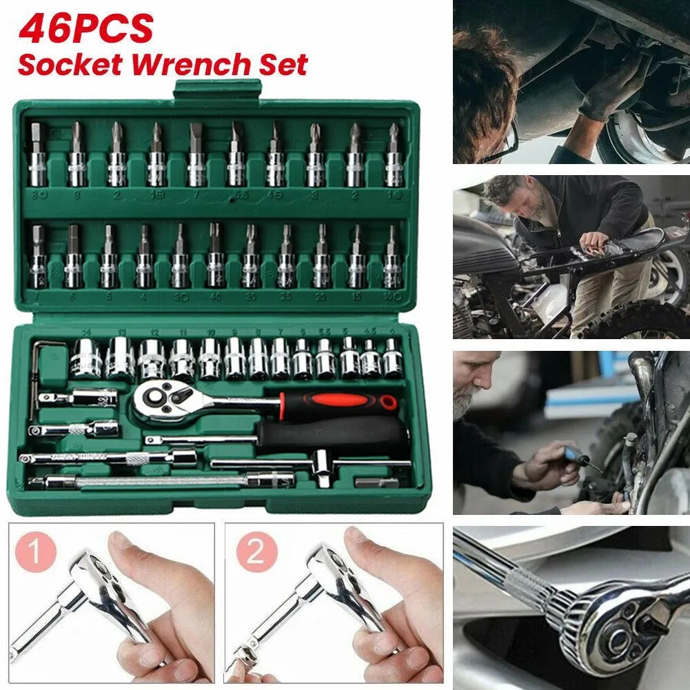 46pc 1/4inch Drive Ratchet Socket Set Wrench Set with Sockets Metric Hex Bit Socket Set Repair Handing Tool Kits for Home Auto
